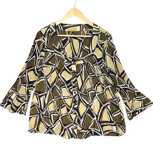 Sere Nade Geometric‎ Y2K Pleated Blouse Flared Sleeve Button Front Top Large